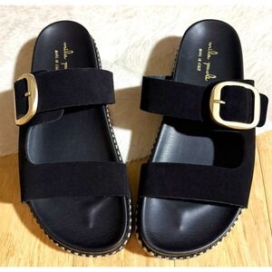 Mila Paoli leather suede‎ black slip on sandals with gold buckle size 8 New